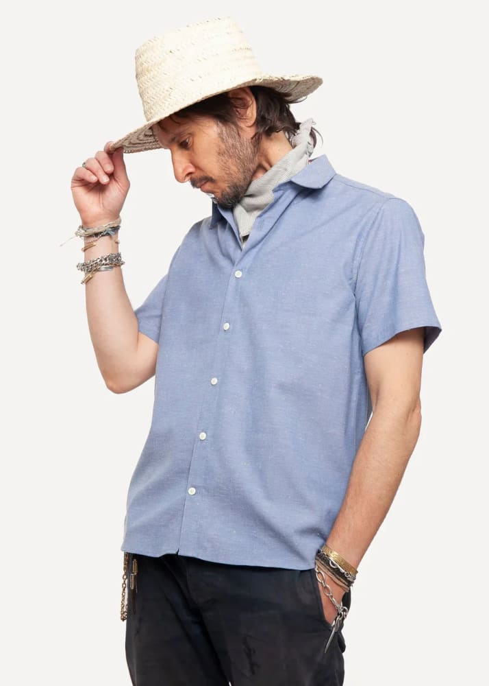 18 Waits - Dylan Short Sleeve Shirt in Blue Fleck - button