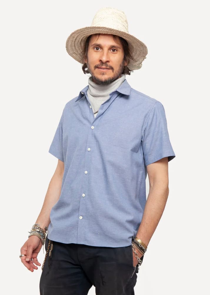 18 Waits - Dylan Short Sleeve Shirt in Blue Fleck - button