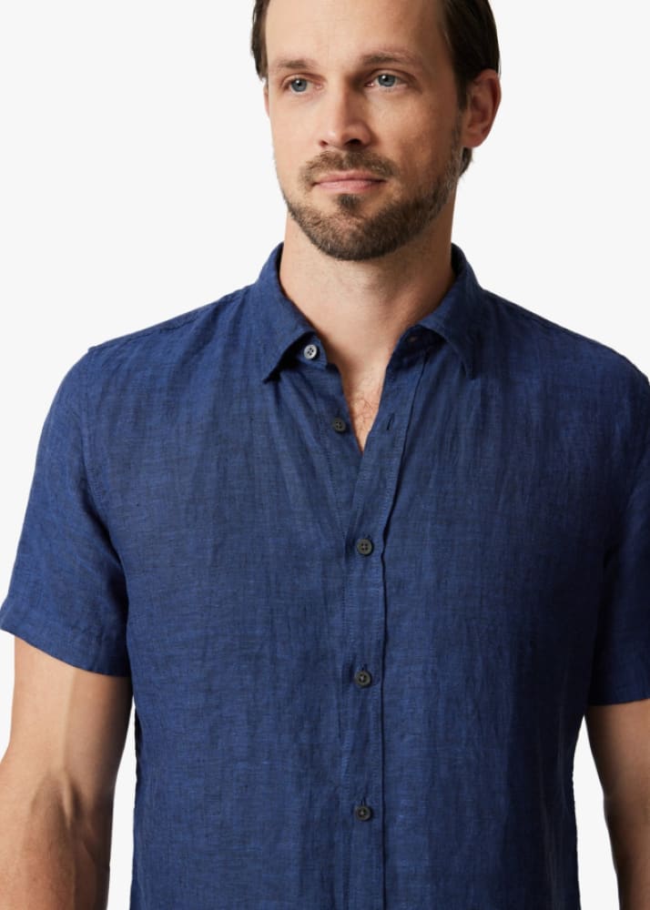 34 Heritage - Linen Short Sleeve Shirt In Indigo - Button