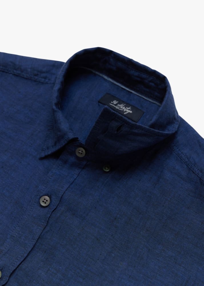 34 Heritage - Linen Short Sleeve Shirt In Indigo - Button