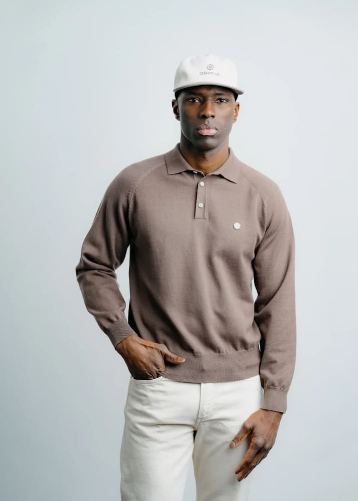 Champlain- Long Sleeve Knit Polo in Brown - Sweater &