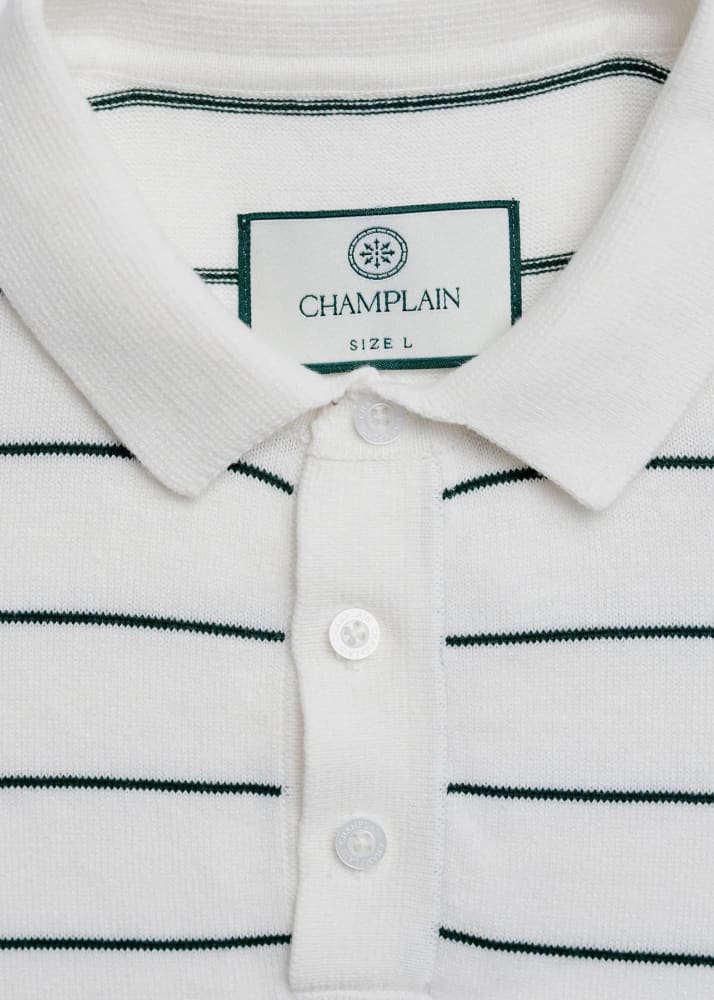 Champlain- Stripe Knit Polo in White