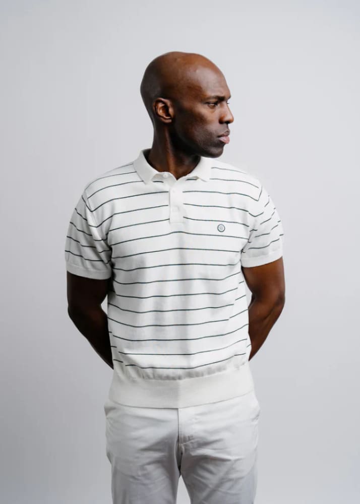Champlain- Stripe Knit Polo in White