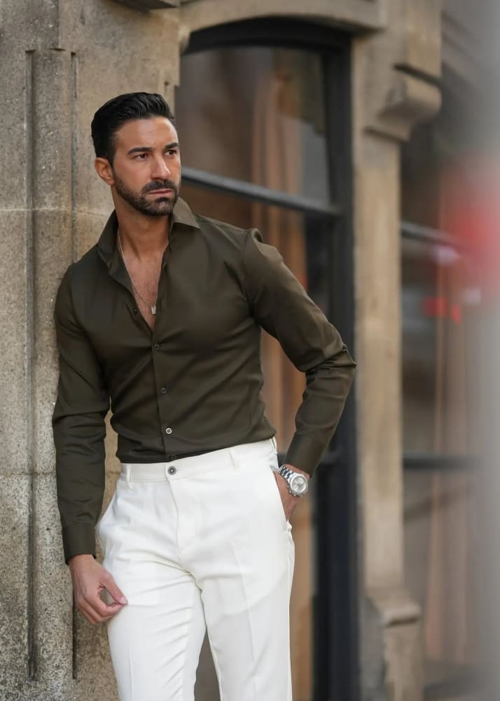 Donato- Kaki Elastic Slim Fit Button Down - Tops