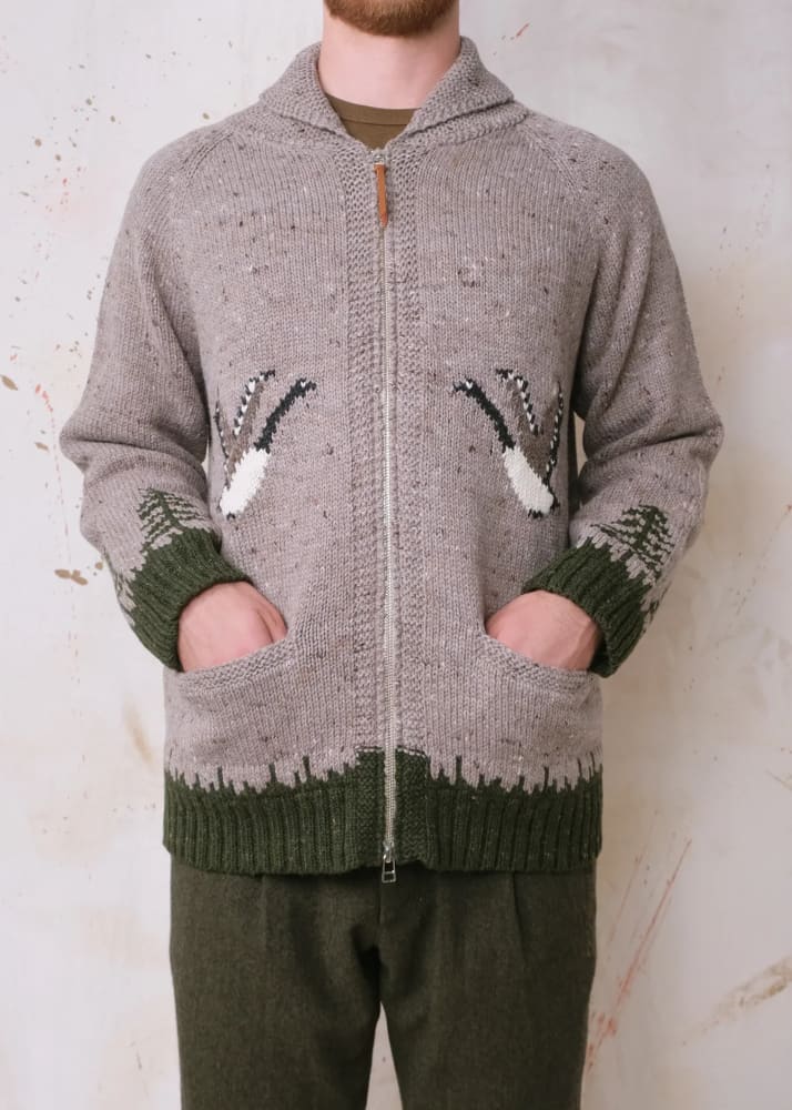 Outclass- Goose Motif Zip Cardigan - Sweater & Knitwear