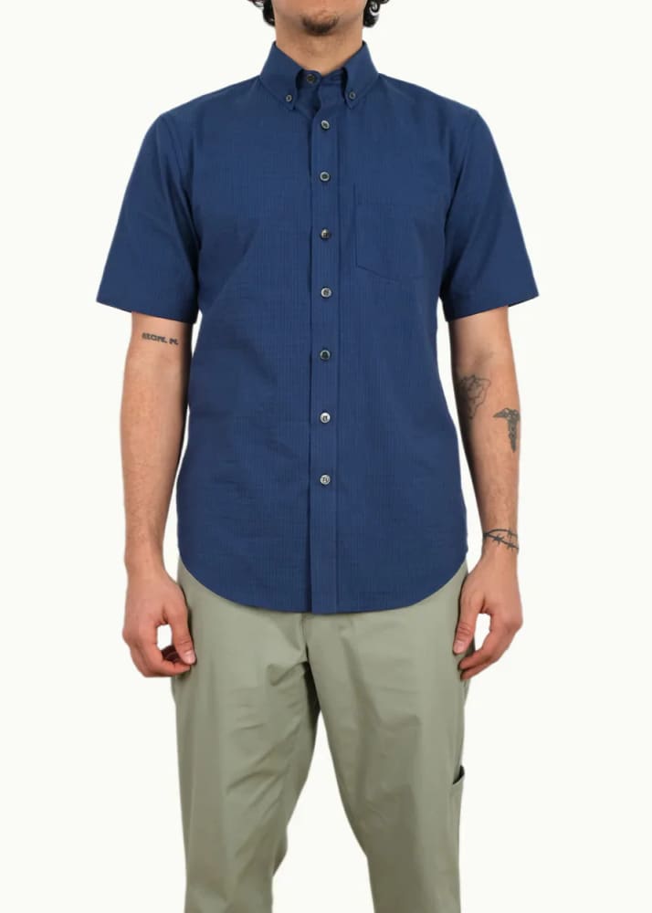 Outclass - Indigo Seersucker Short Sleeve Shirt - Tops
