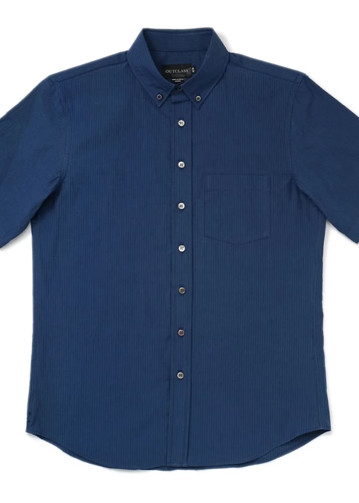 Outclass - Indigo Seersucker Short Sleeve Shirt - Tops