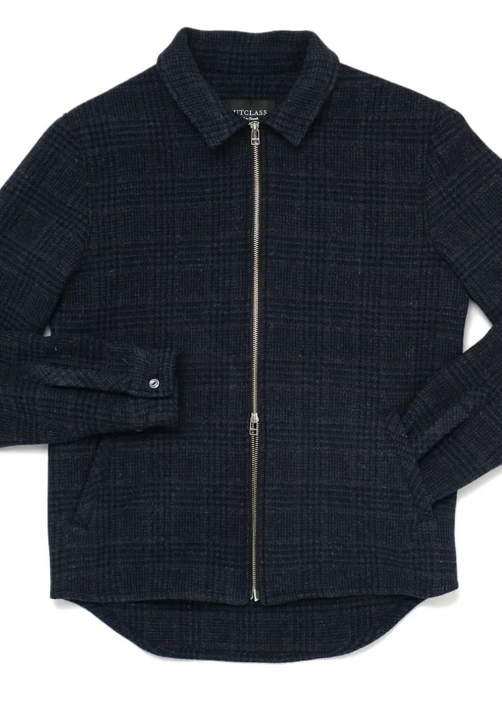 Outclass- Navy Houndstooth Wool Zip Overshirt - Outerwear