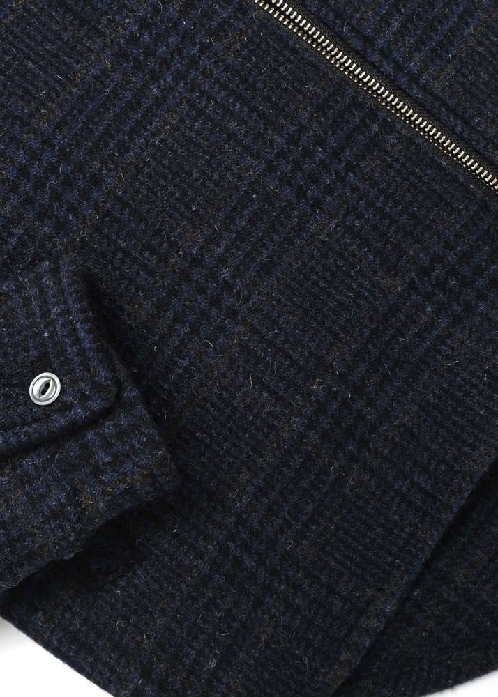 Outclass- Navy Houndstooth Wool Zip Overshirt - Outerwear