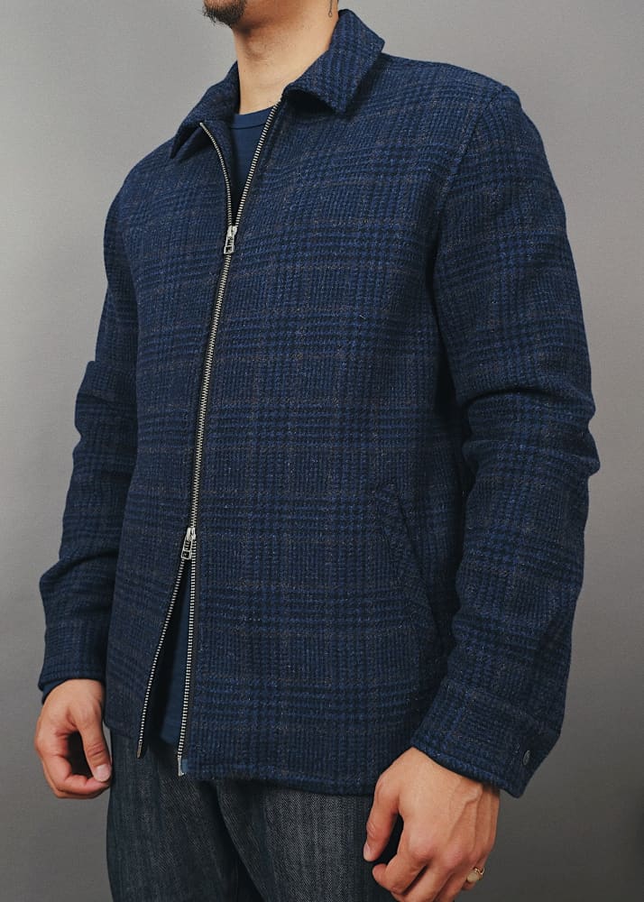 Outclass- Navy Houndstooth Wool Zip Overshirt - Outerwear