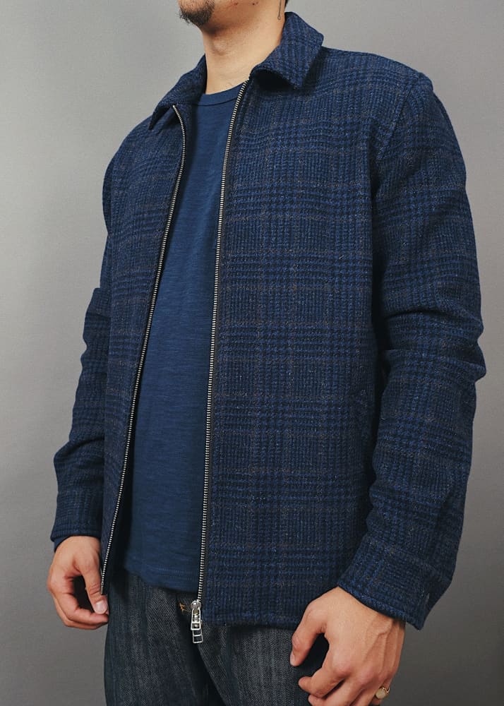 Outclass- Navy Houndstooth Wool Zip Overshirt - Outerwear