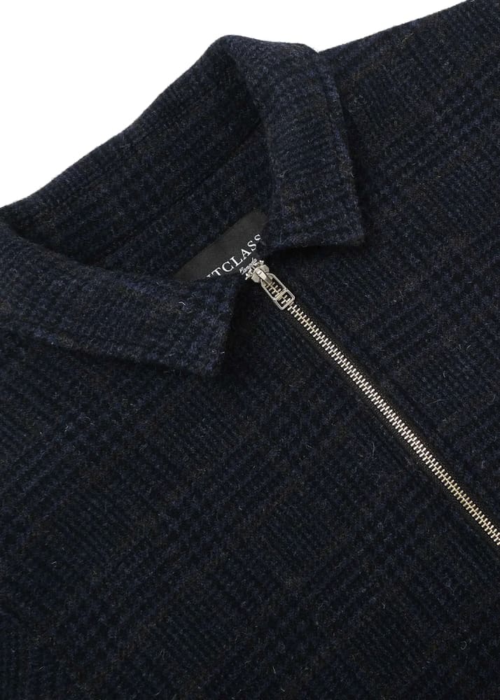 Outclass- Navy Houndstooth Wool Zip Overshirt - Outerwear