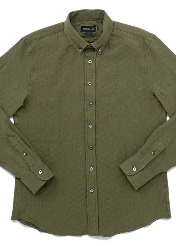 Outclass- Olive Quilted Long Sleeve Classic Shirt - Button
