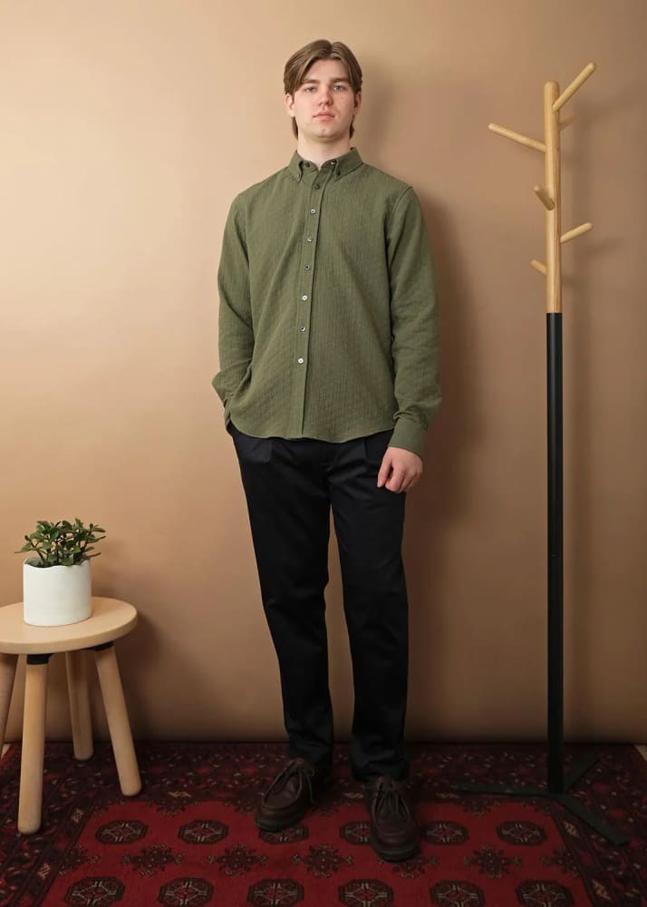 Outclass- Olive Quilted Long Sleeve Classic Shirt - Button