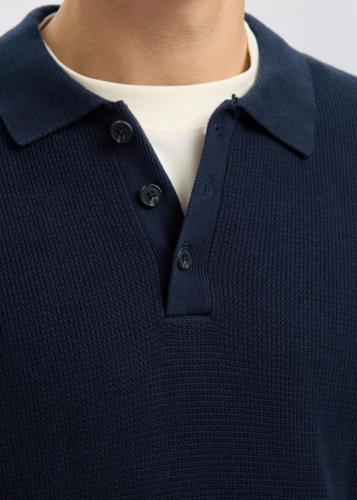 SELECTED- Dane Long Sleeve Structured Polo Shirt in Sky
