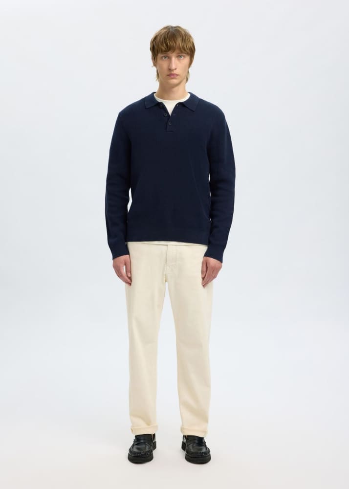 SELECTED- Dane Long Sleeve Structured Polo Shirt in Sky
