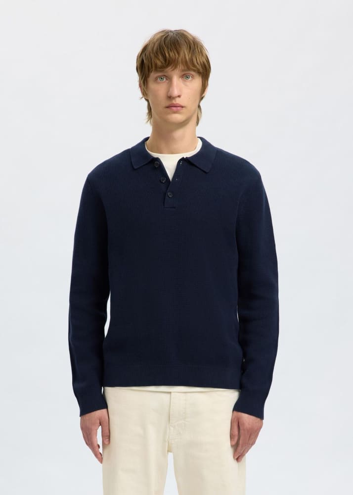SELECTED- Dane Long Sleeve Structured Polo Shirt in Sky
