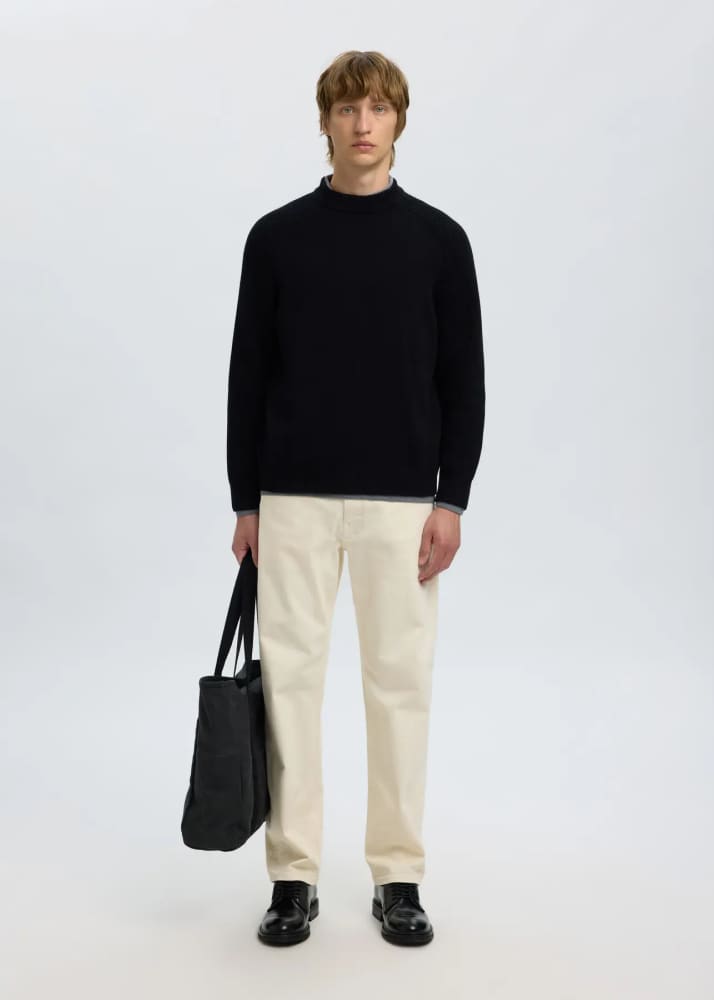 SELECTED- Dereck Long Sleeve Ribbed Knit Sweater in Black