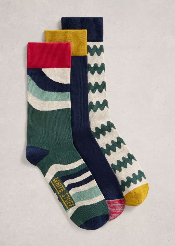 White Stuff- 3 Pack Pattern Ankle Socks in Green Multi