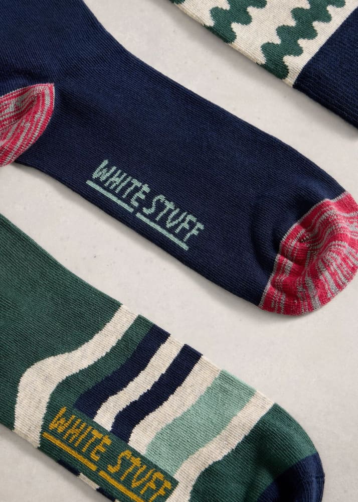 White Stuff- 3 Pack Pattern Ankle Socks in Green Multi