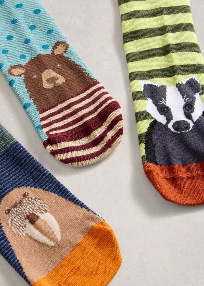 White Stuff- 3 Pack Woodland Animal Socks in Green Multi