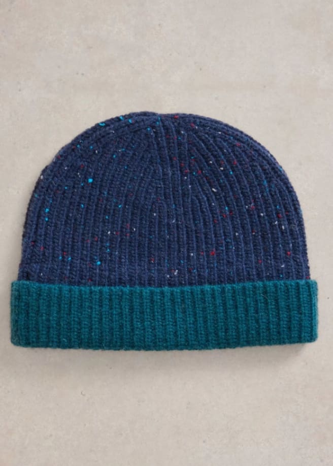 White Stuff- Albie Rib Knit Beanie in Navy Multi