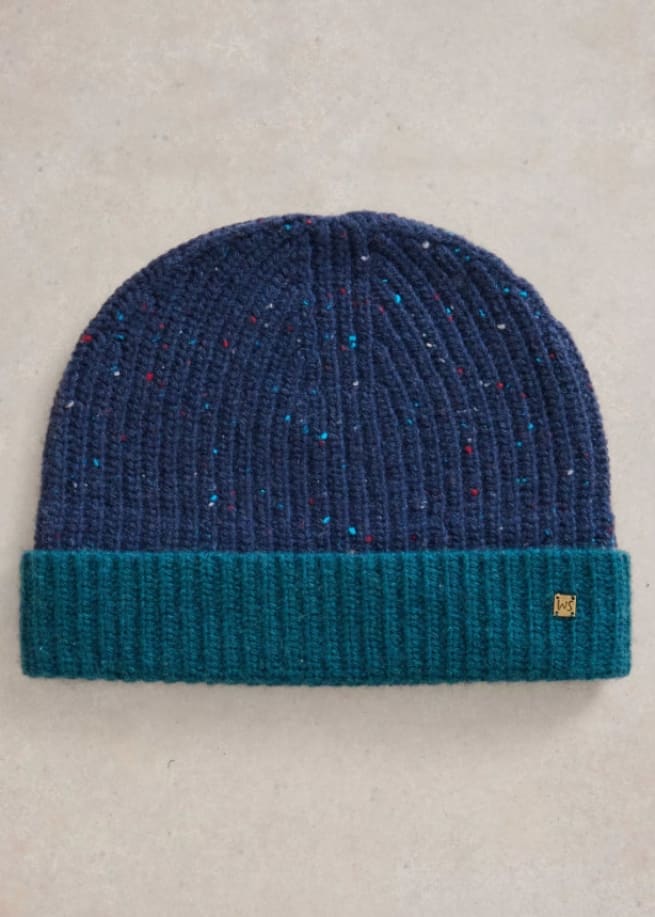 White Stuff- Albie Rib Knit Beanie in Navy Multi